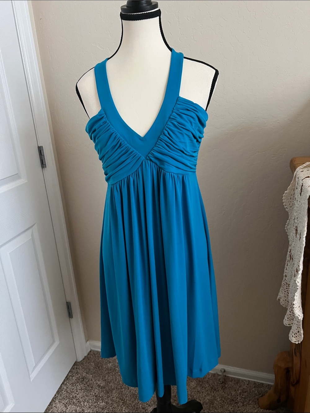 Calvin Klein Turquoise V-Neck Ruched Empire Midi Dress